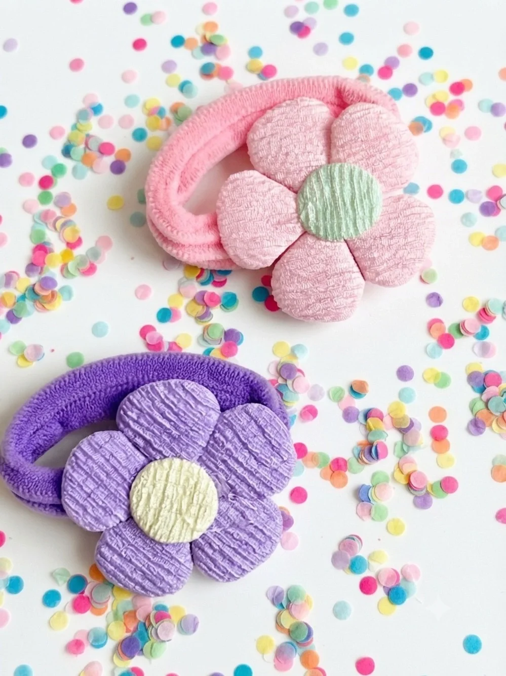 Set of 3 Handmade Fabric Flower Hair Ties, Pastel Textured Pony Holders